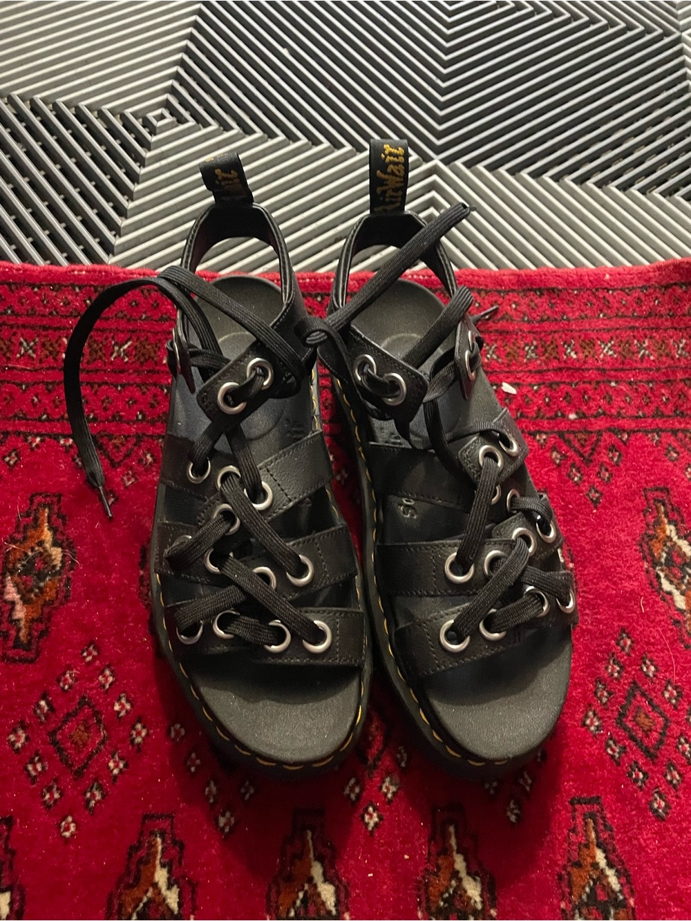Dr. Martens Black Leather Lace-Up Gladiator Sandals with Yellow Stitching